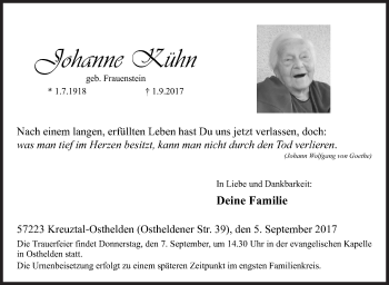 Traueranzeige von Johanne Kühn von Siegener Zeitung