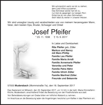 Traueranzeige von Josef Pfeifer von Siegener Zeitung