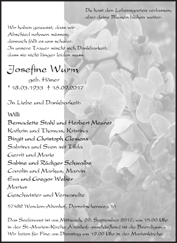 Traueranzeige von Josefine Wurm von Siegener Zeitung