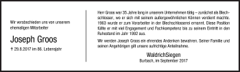 Traueranzeige von Joseph Groos von Siegener Zeitung