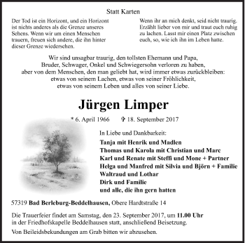 Traueranzeige von Jürgen Limper von Siegener Zeitung