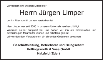 Traueranzeige von Jürgen Limper von Siegener Zeitung