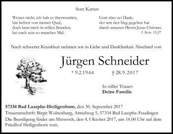 Traueranzeige von Jürgen Schneider von Siegener Zeitung