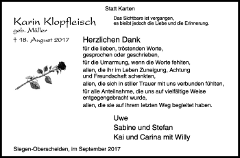 Traueranzeige von Karin Klopfleisch von Siegener Zeitung