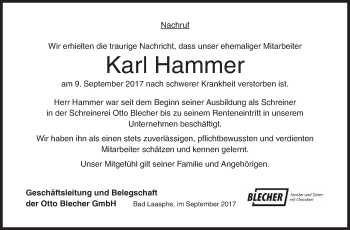 Traueranzeige von Karl Hammer von Siegener Zeitung