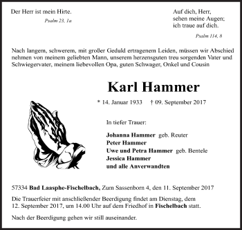 Traueranzeige von Karl Hammer von Siegener Zeitung