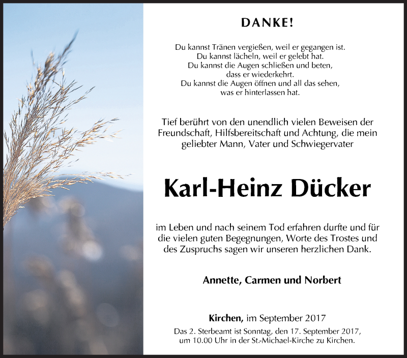  Traueranzeige für Karl-Heinz Dücker vom 09.09.2017 aus Siegener Zeitung
