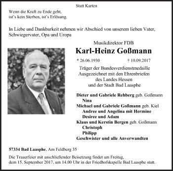 Traueranzeige von Karl-Heinz Goßmann von Siegener Zeitung