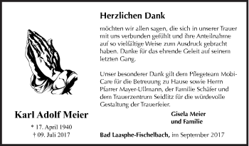 Traueranzeige von Karl Adolf Meier von Siegener Zeitung