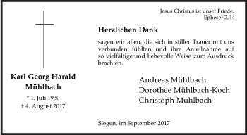 Traueranzeige von Karl Georg Harald Mühlbach von Siegener Zeitung