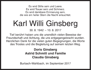 Traueranzeige von Karl Willi Ginsberg von Siegener Zeitung