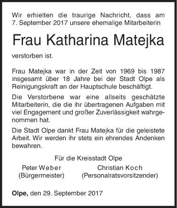 Traueranzeige von Katharina Matejka von Siegener Zeitung