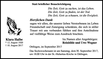 Traueranzeige von Klara Halbe von Siegener Zeitung