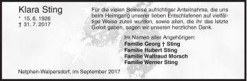 Traueranzeige von Klara Sting von Siegener Zeitung