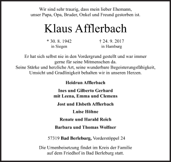 Traueranzeige von Klaus Afflerbach von Siegener Zeitung