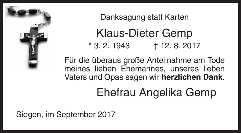  Traueranzeige für Klaus-Dieter Gemp vom 02.09.2017 aus Siegener Zeitung