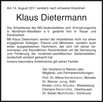 Traueranzeige von Klaus Dietermann von Siegener Zeitung