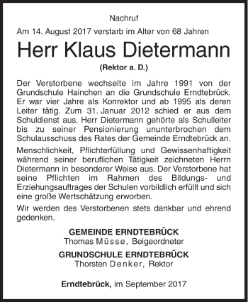 Traueranzeige von Klaus Dietermann von Siegener Zeitung