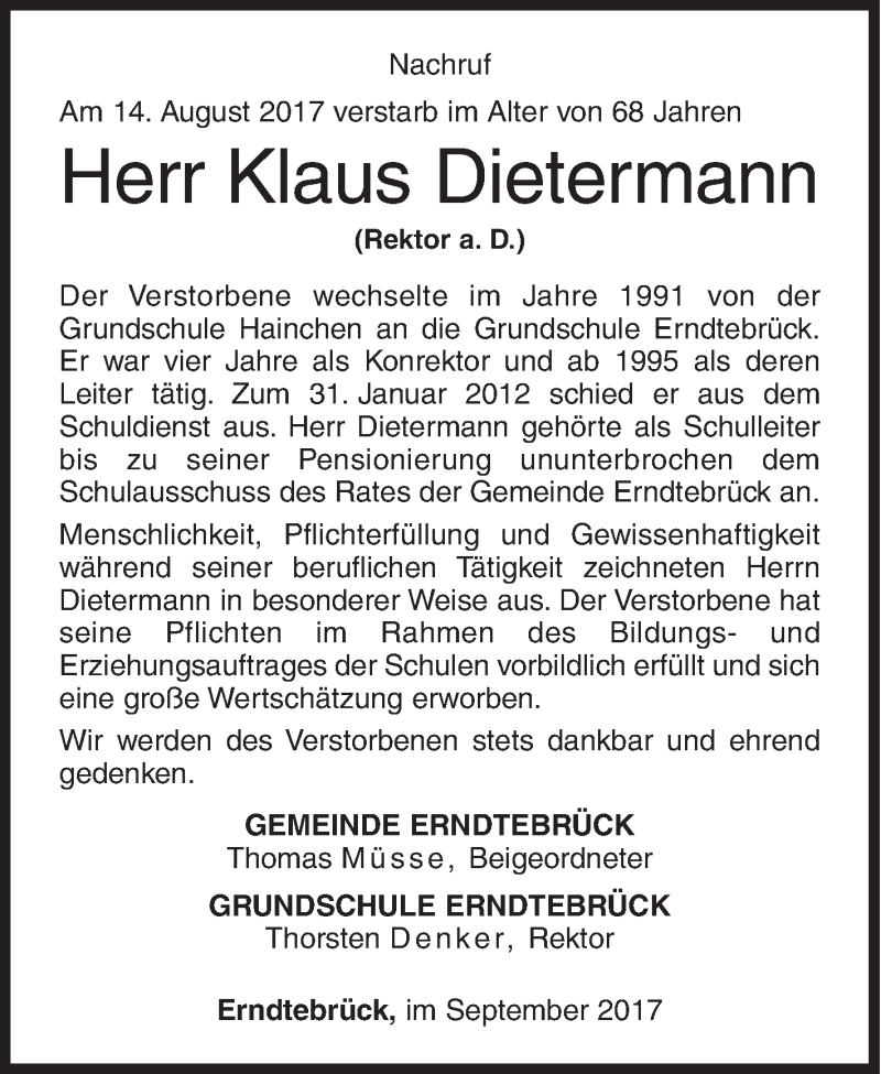  Traueranzeige für Klaus Dietermann vom 12.09.2017 aus Siegener Zeitung
