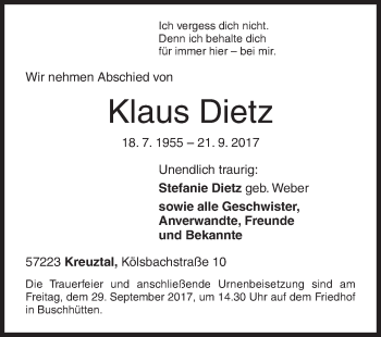 Traueranzeige von Klaus Dietz von Siegener Zeitung