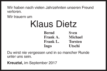 Traueranzeige von Klaus Dietz von Siegener Zeitung