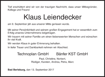 Traueranzeige von Klaus Leiendecker von Siegener Zeitung