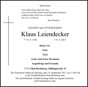 Traueranzeige von Klaus Leiendecker von Siegener Zeitung