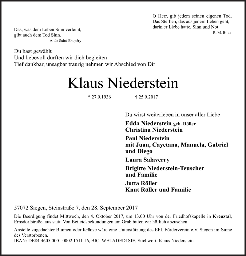  Traueranzeige für Klaus Niederstein vom 28.09.2017 aus Siegener Zeitung