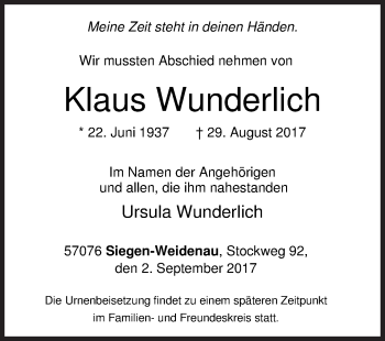 Traueranzeige von Klaus Wunderlich von Siegener Zeitung