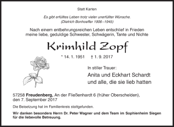 Traueranzeige von Krimhild Zopf von Siegener Zeitung