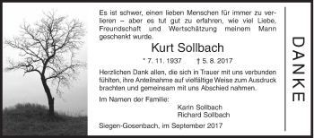 Traueranzeige von Kurt Sollbach von Siegener Zeitung