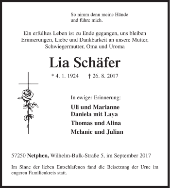 Traueranzeige von Lia Schäfer von Siegener Zeitung
