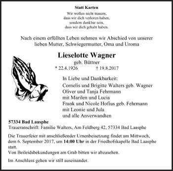 Traueranzeige von Lieselotte Wagner von Siegener Zeitung