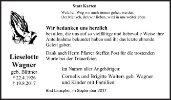 Traueranzeige von Lieselotte Wagner von Siegener Zeitung