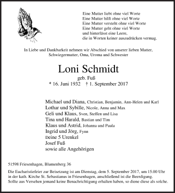 Traueranzeige von Loni Schmidt von Siegener Zeitung