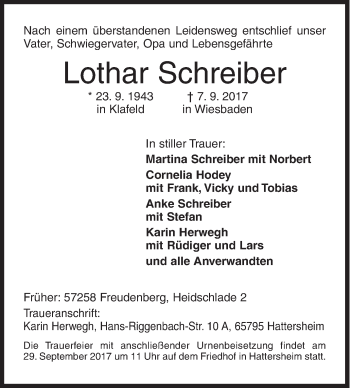 Traueranzeige von Lothar Schreiber von Siegener Zeitung