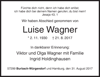 Traueranzeige von Luise Wagner von Siegener Zeitung