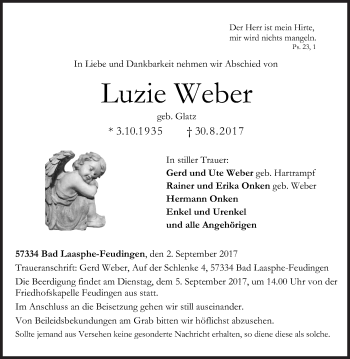 Traueranzeige von Luzie Weber von Siegener Zeitung