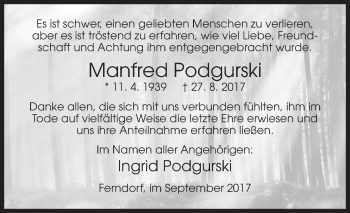 Traueranzeige von Manfred Podgurski von Siegener Zeitung