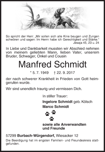 Traueranzeige von Manfred Schmidt von Siegener Zeitung