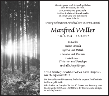 Traueranzeige von Manfred Weller von Siegener Zeitung