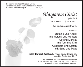 Traueranzeige von Margarete Christ von Siegener Zeitung
