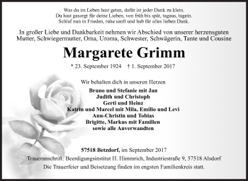 Traueranzeige von Margarete Grimm von Siegener Zeitung