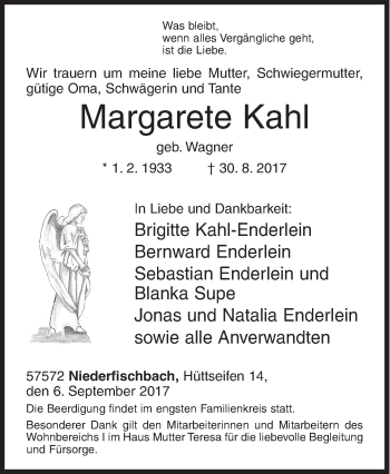Traueranzeige von Margarete Kahl von Siegener Zeitung