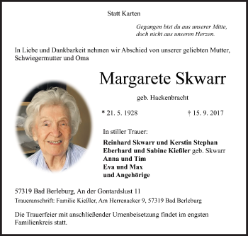 Traueranzeige von Margarete Skwarr von Siegener Zeitung