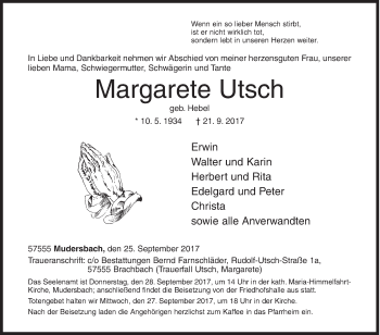 Traueranzeige von Margarete Utsch von Siegener Zeitung