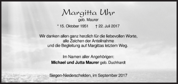 Traueranzeige von Margitta Uhr von Siegener Zeitung