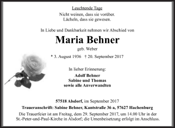 Traueranzeige von Maria Behner von Siegener Zeitung