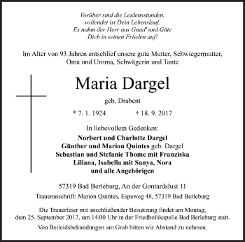 Traueranzeige von Maria Dargel von Siegener Zeitung