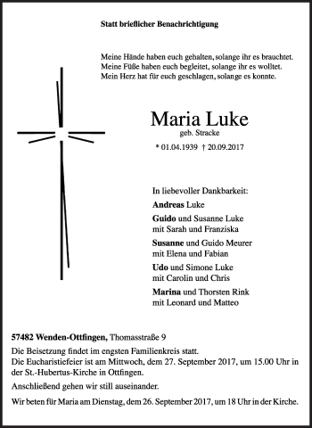 Traueranzeige von Maria Luke von Siegener Zeitung